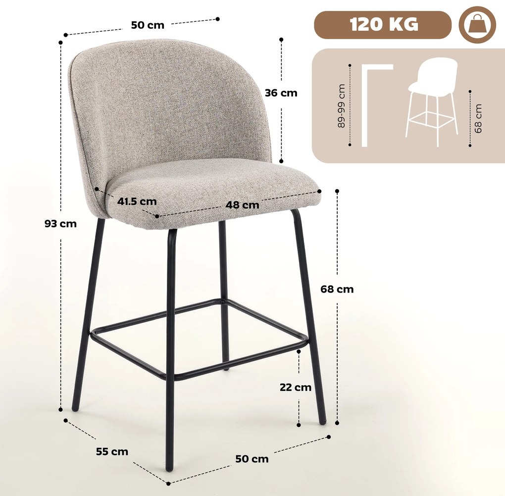 HOMCOM Set 2 Scaune de Bar cu Spătar și Suport pentru Picioare, Acoperire din Material Textil și Picioare din Oțel, Gri | Aosom Romania