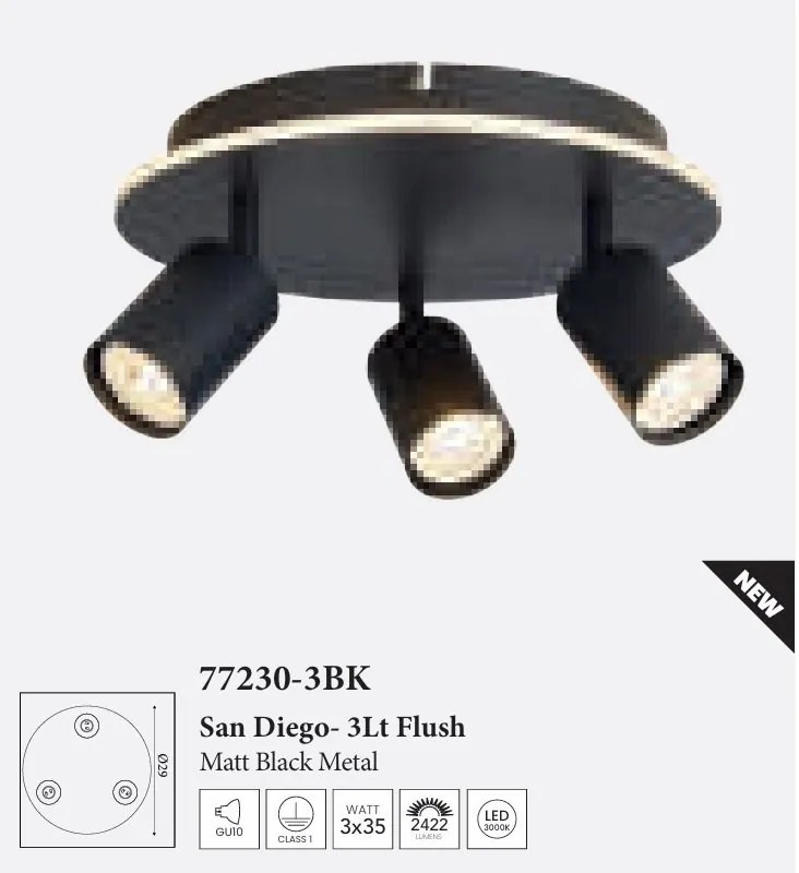 Plafoniera cu 3 spoturi metal negru San Diego