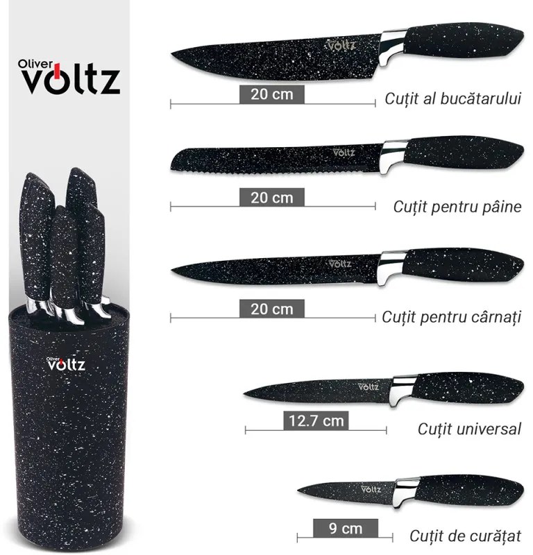 Set cutite cu suport Oliver Voltz OV51633G5, Otel, Acoperire marmura, 6 piese, Negru