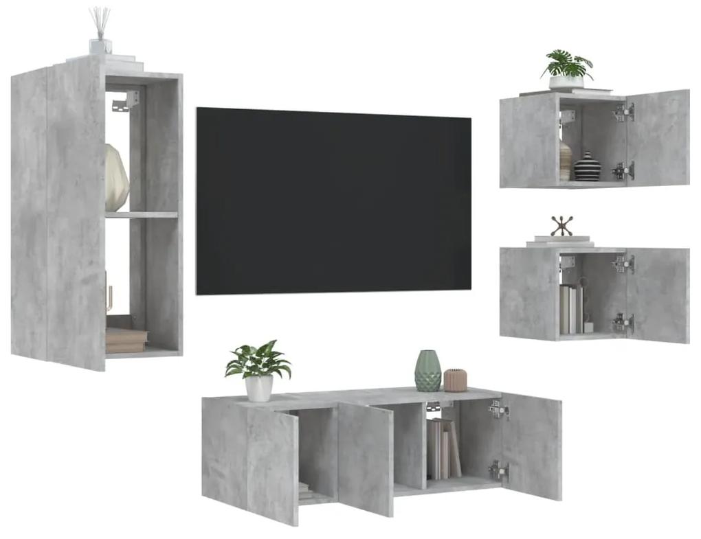3216828 vidaXL Unități TV de perete cu LED-uri 5 piese gri beton lemn compozit