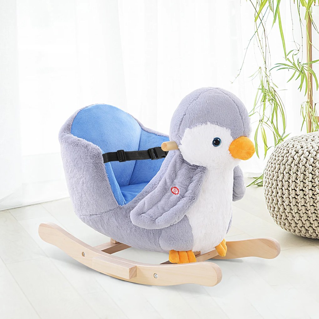 HOMCOM Balansoar Pinguin din Pluș cu Melodii și Centură de Siguranță, Balansoar pentru Copii, 60x33x50 cm, Gri | Aosom Romania