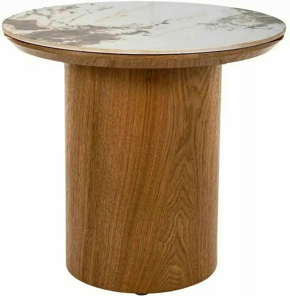 Măsuță cafea RONDO, alb lucios/stejar, ceramică/furnir/MDF, 50x50x45 c