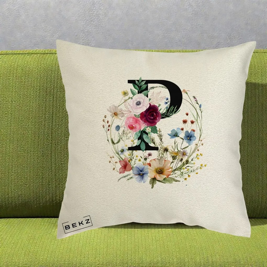 Cadou Personalizat - Perna Personalizata Monogram Litera P cu Flori Acuarela, 40x40 cm, Ecru, Husa Detasabila, Perna Inclusa, BEKZ®