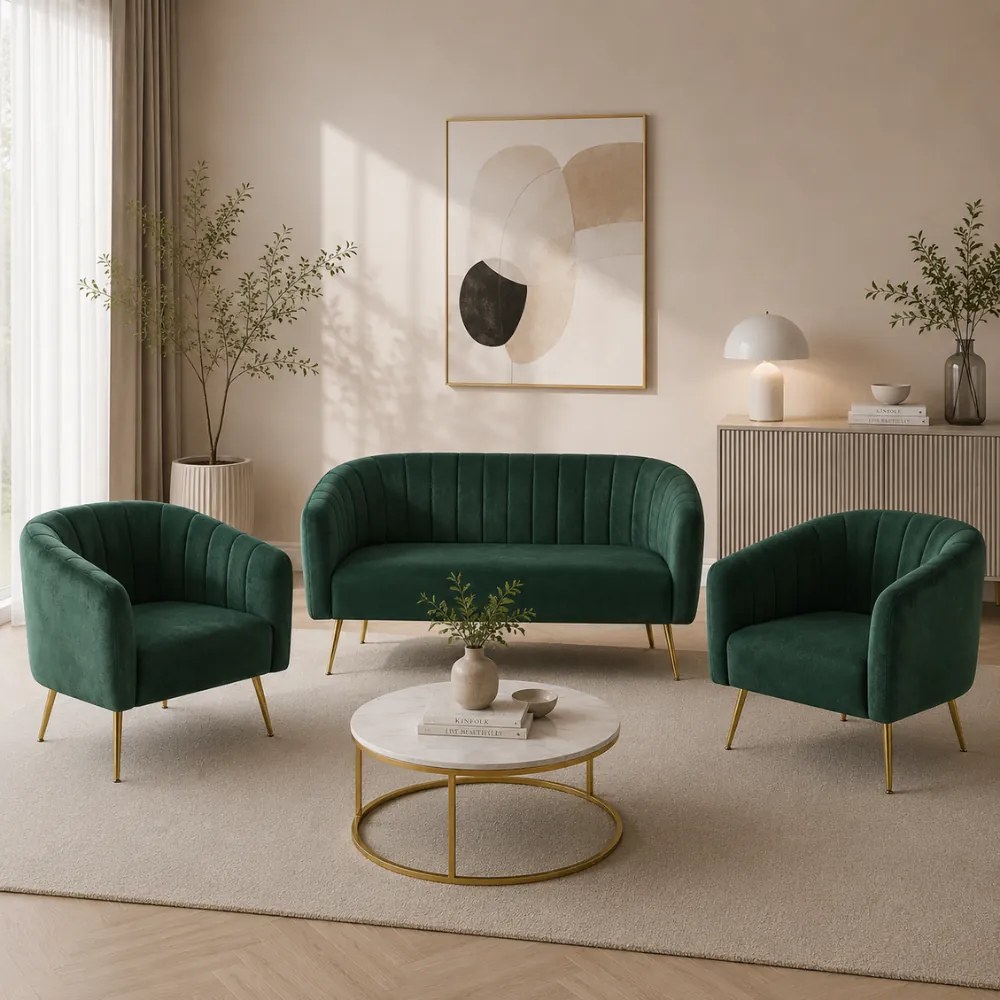 Canapea de design cu 2 locuri, ţesătură Velvet verde închis/gold crom-auriu, BAGY
