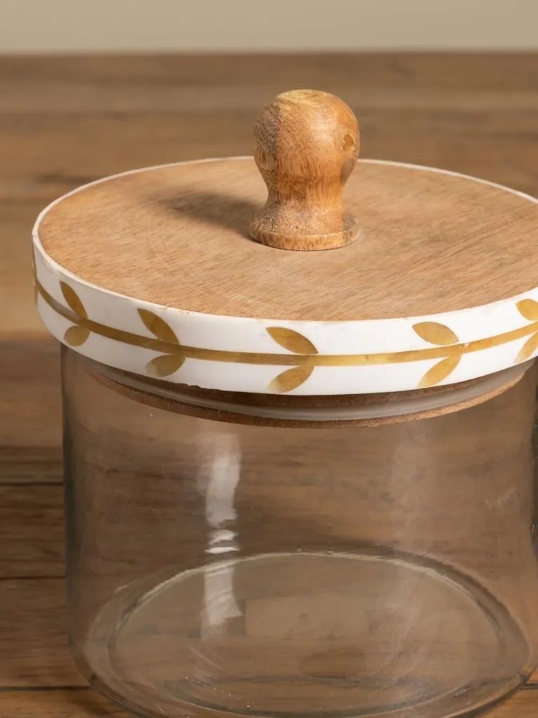 Borcan din sticlă natur cu capac din lemn de mango, model cu frunze stilizate pictat manual, 14 × 12 cm, „Bocage"