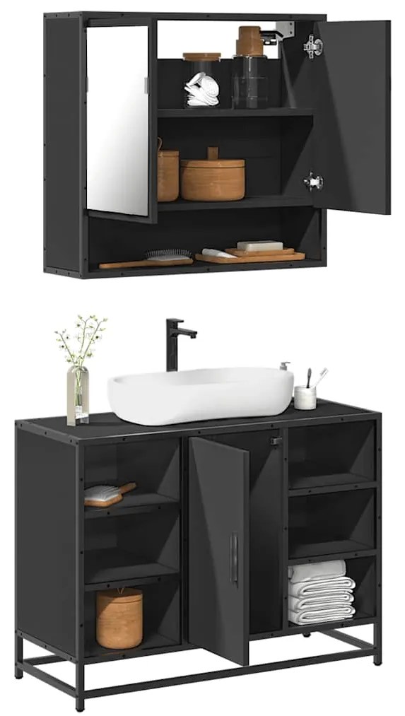 vidaXL Set mobilier de baie, 2 piese, negru, lemn compozit