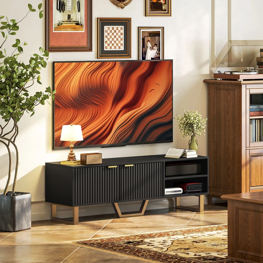 HOMCOM Mobilier TV banc TV pentru televizor de până la 70 de inch - dulap cu 2 uși canelate, compartiment deschis și trecere cabluri | Aosom Romania