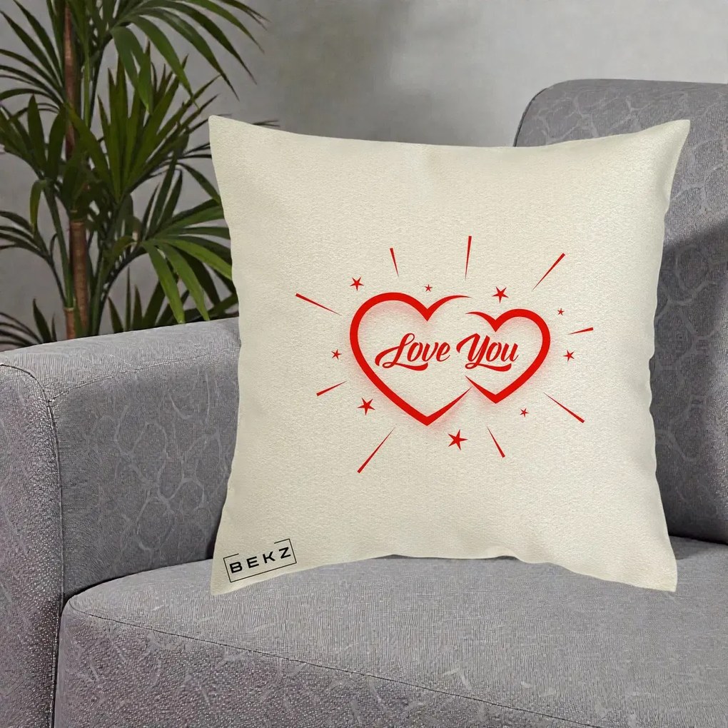 Cadou Romantic - Perna Personalizata Love You Doua Inimi, 40x40 cm, Ecru, Husa Detasabila, Perna Inclusa, BEKZ®