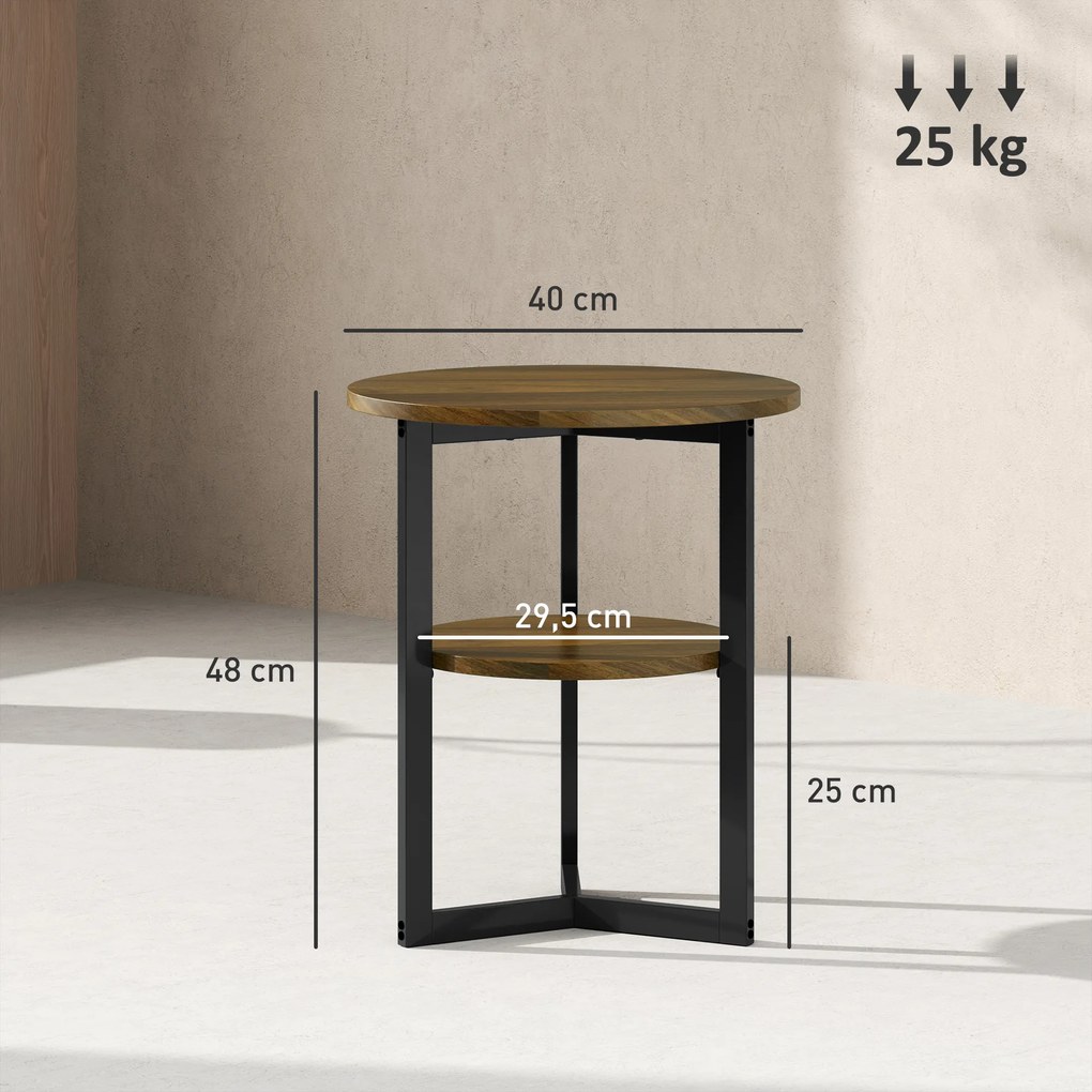 HOMCOM Masă de cafea rotundă, capăt de canapea industrial cu rafturi de depozitare și cadru din oțel, Ø 40 x 48 cm, maro | Aosom Romania