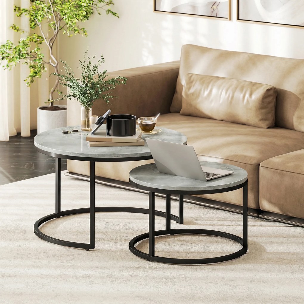 HOMCOM Set 2 măsuțe de cafea moderne, suprapuse, rotunde, gri marmorat | Aosom Romania