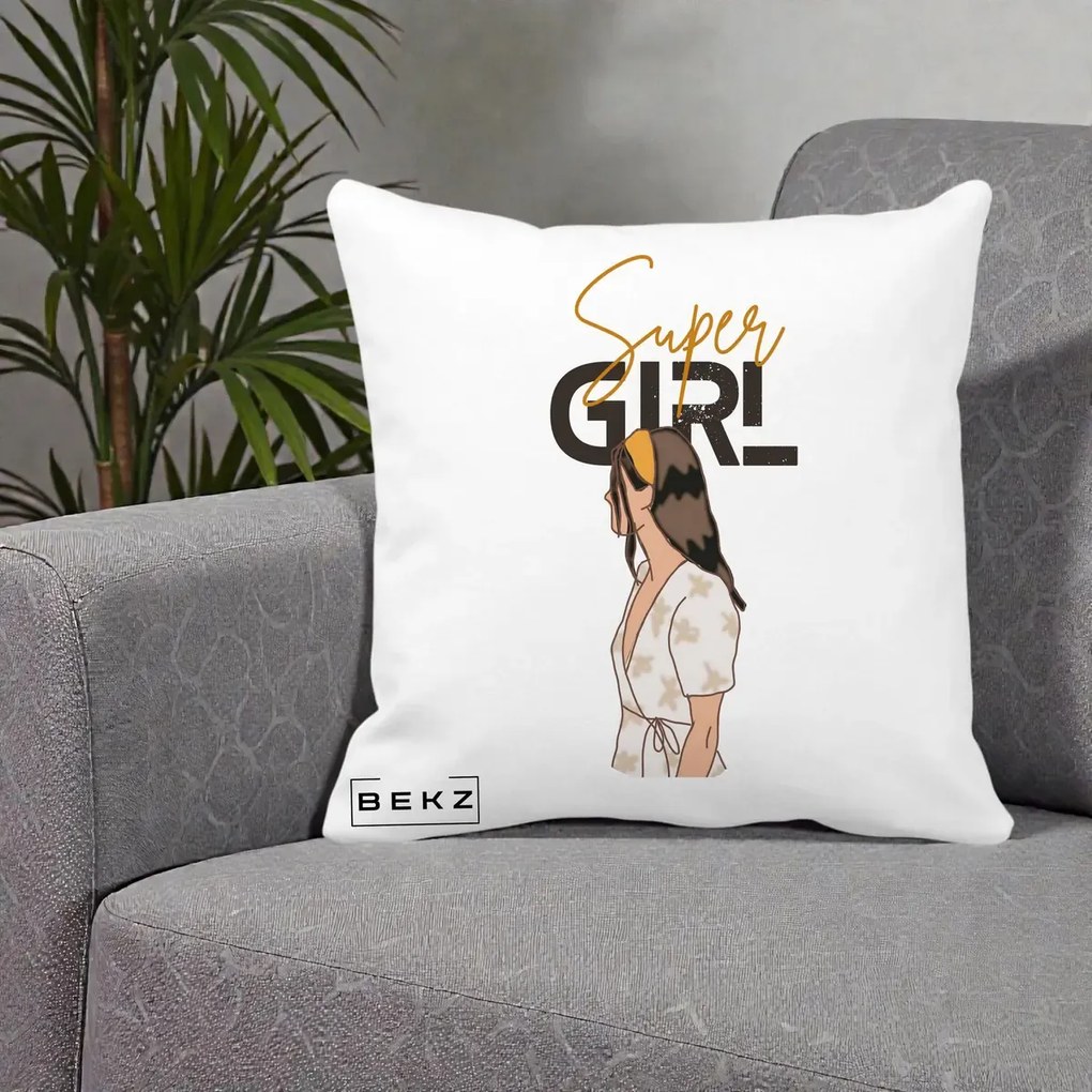 Perna Decorativa Super Girl Aesthetic, 40x40 cm, Alba Mata, Husa Detasabila, Perna Inclusa, BEKZ®