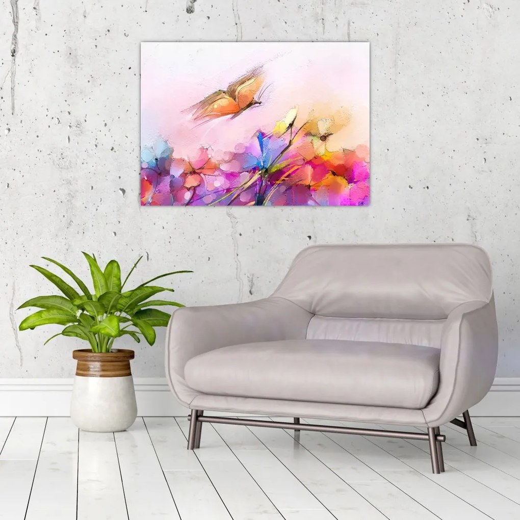 Tablou pe sticlă - Fluture asupra florilor, abstracție (70x50 cm)