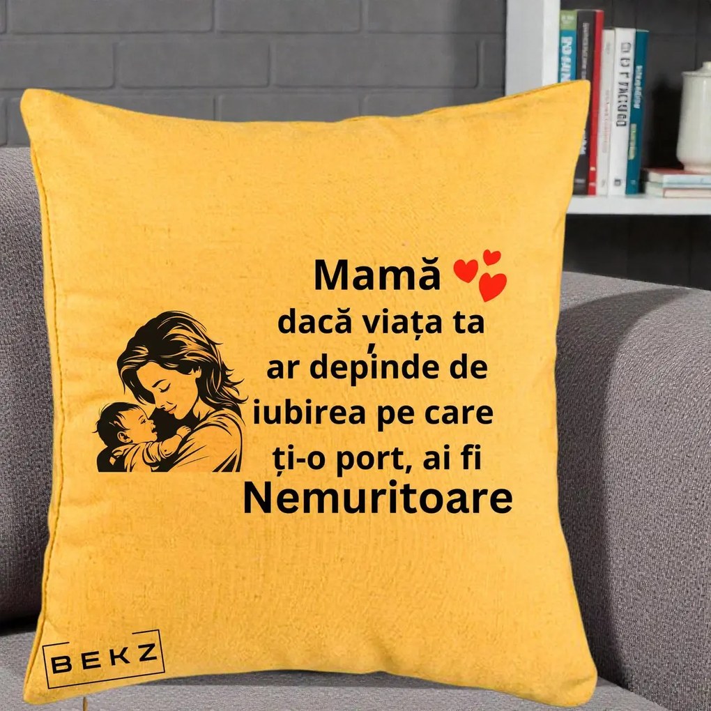 Cadou pentru Mama - Perna Personalizata Mama Nemuritoare Aproape de Bebe, 40x40 cm, Galben, Husa Detasabila, Perna Inclusa, BEKZ®