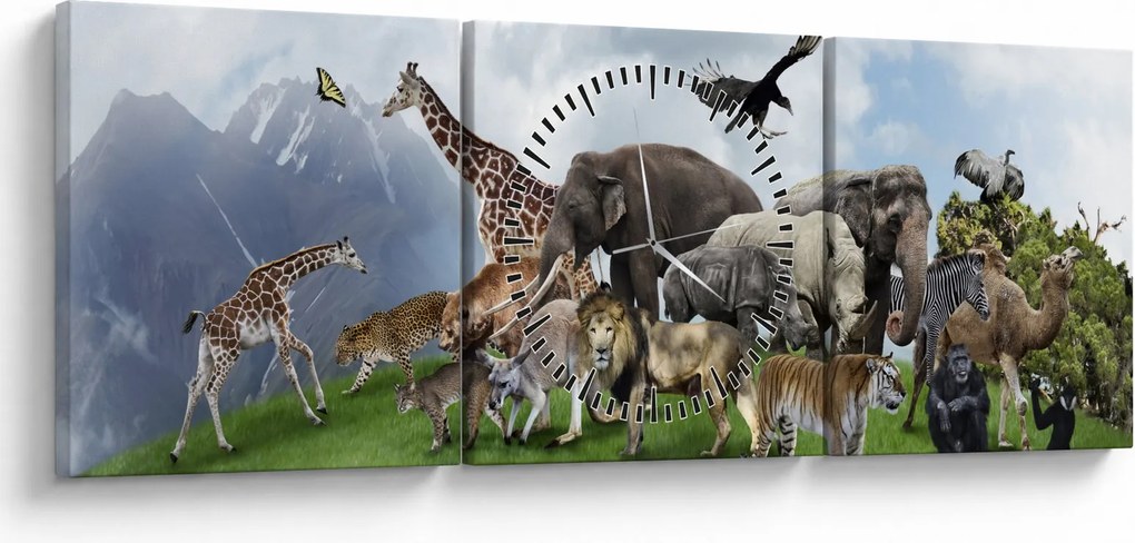Tablou - Animale pe insulă (cu ceas) (90x30 cm)