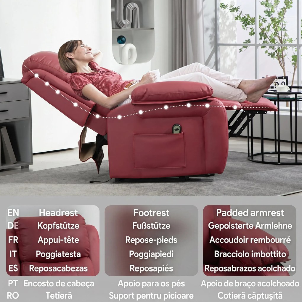 HOMCOM Fotoliu Electric cu Ridicare Rabatabil până la 160° și Telecomandă, din Imitație de Piele, 76x90x105 cm, Roșu | Aosom Romania