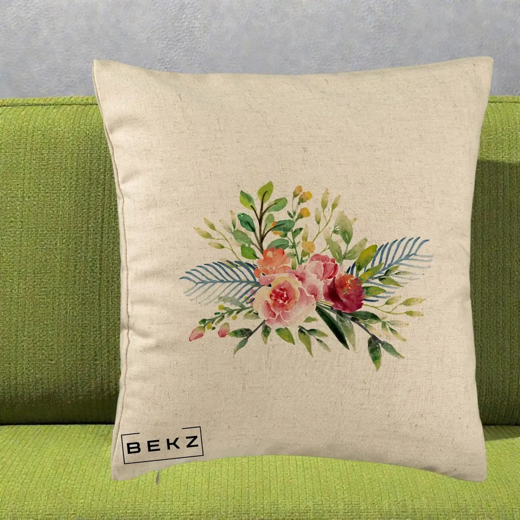 Perna Decorativa Buchet Flori Acuarela Roz-Verde, 40x40 cm, Bej, Husa Detasabila, Perna Inclusa, BEKZ®