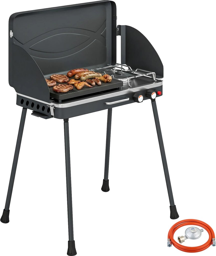 Outsunny 2-in-1 Portabil Grătar pe Gaz Propan, Grill și Aragaz, 7 kW, Negru | Aosom Romania