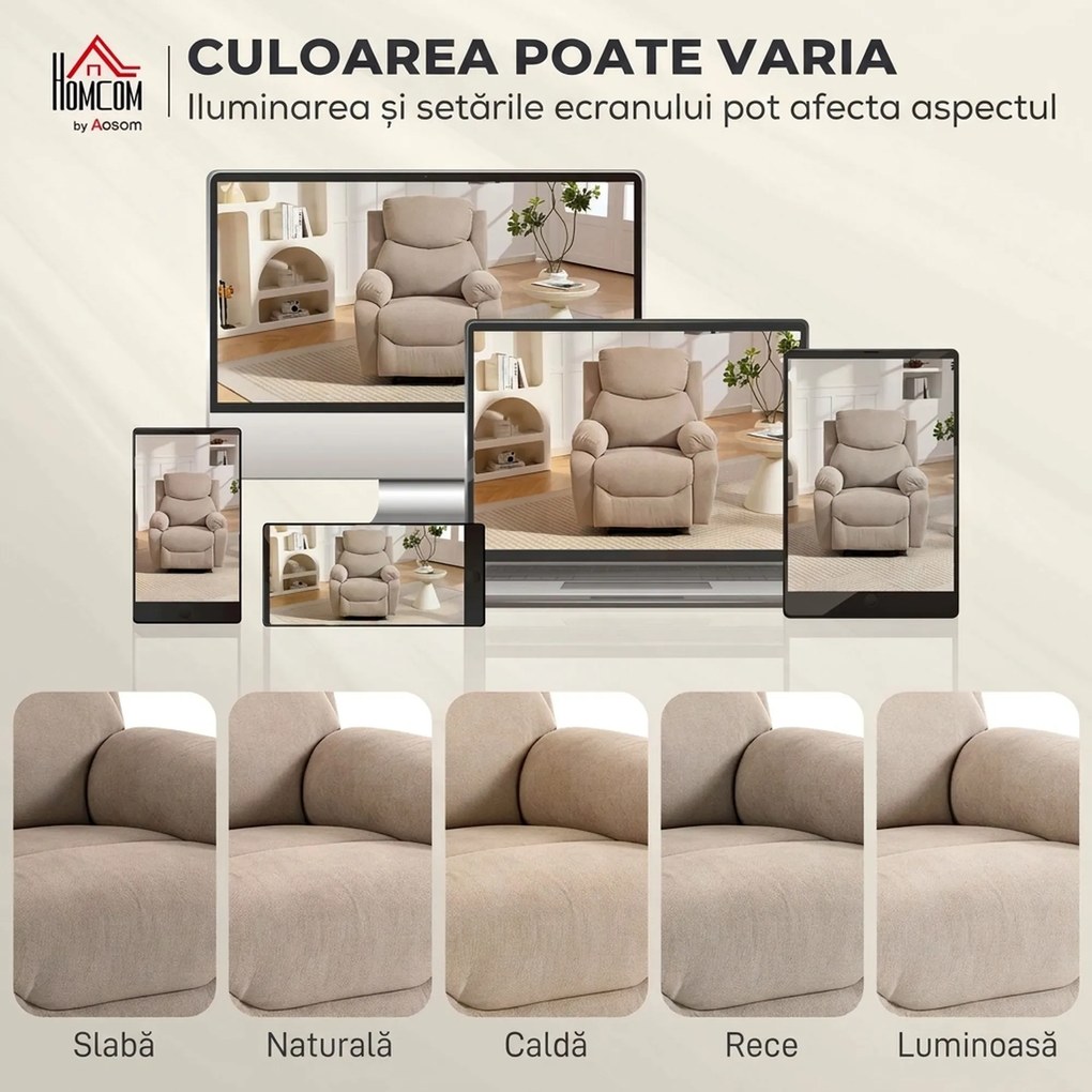 HOMCOM Fotoliu Rabatabil Manual cu Pernă Groasă, Suport pentru Picioare, 85x93x105cm, Bej | Aosom Romania