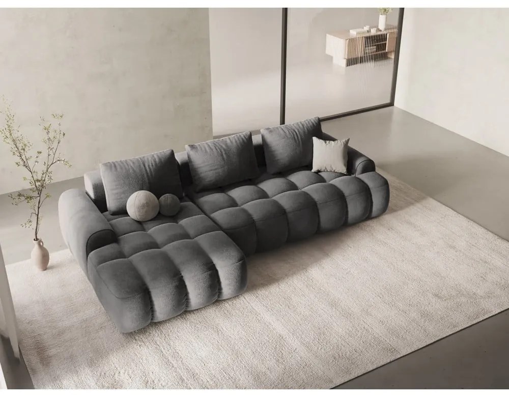 Colțar gri extensibil/cu spațiu de depozitare cu tapițerie din catifea (cu colț pe partea stângă/cu șezlong) Linz – Cosmopolitan Design