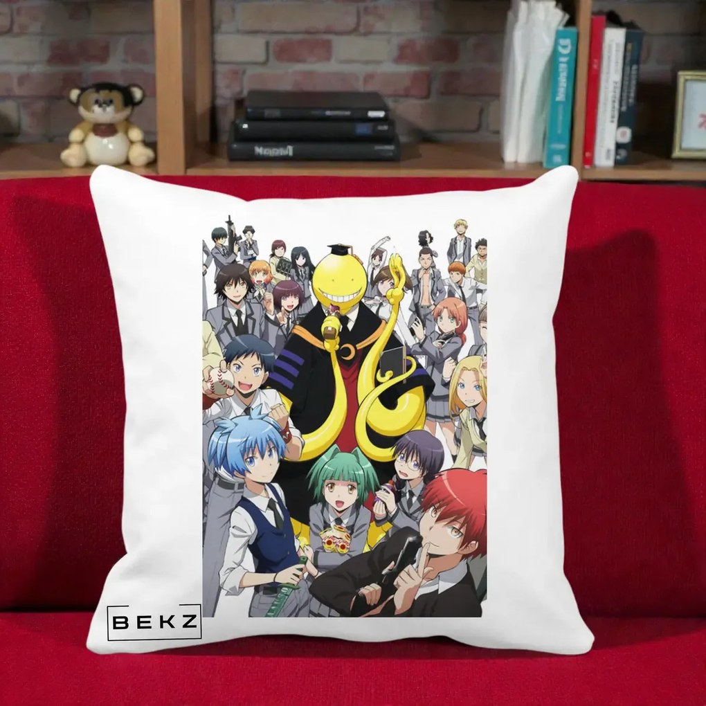 Perna Personalizata Assassination Classroom Grup Complet Anime, 40x40 cm, Alba Mata, Husa Detasabila, Perna Inclusa, BEKZ®
