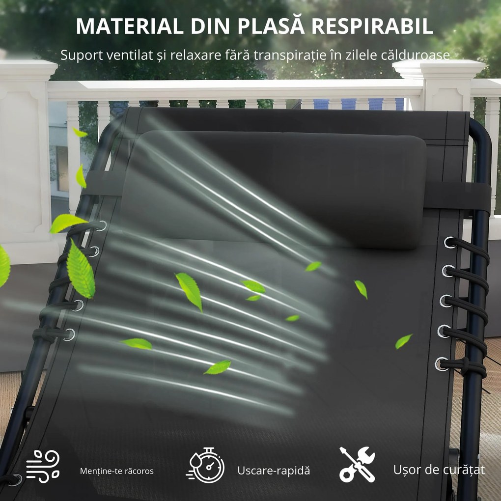 Outsunny Sezlong Portabil din Oțel și Plasă Respirabilă, Spătar Reglabil în 4 Poziții, 197x58x26 cm, Negru | Aosom Romania