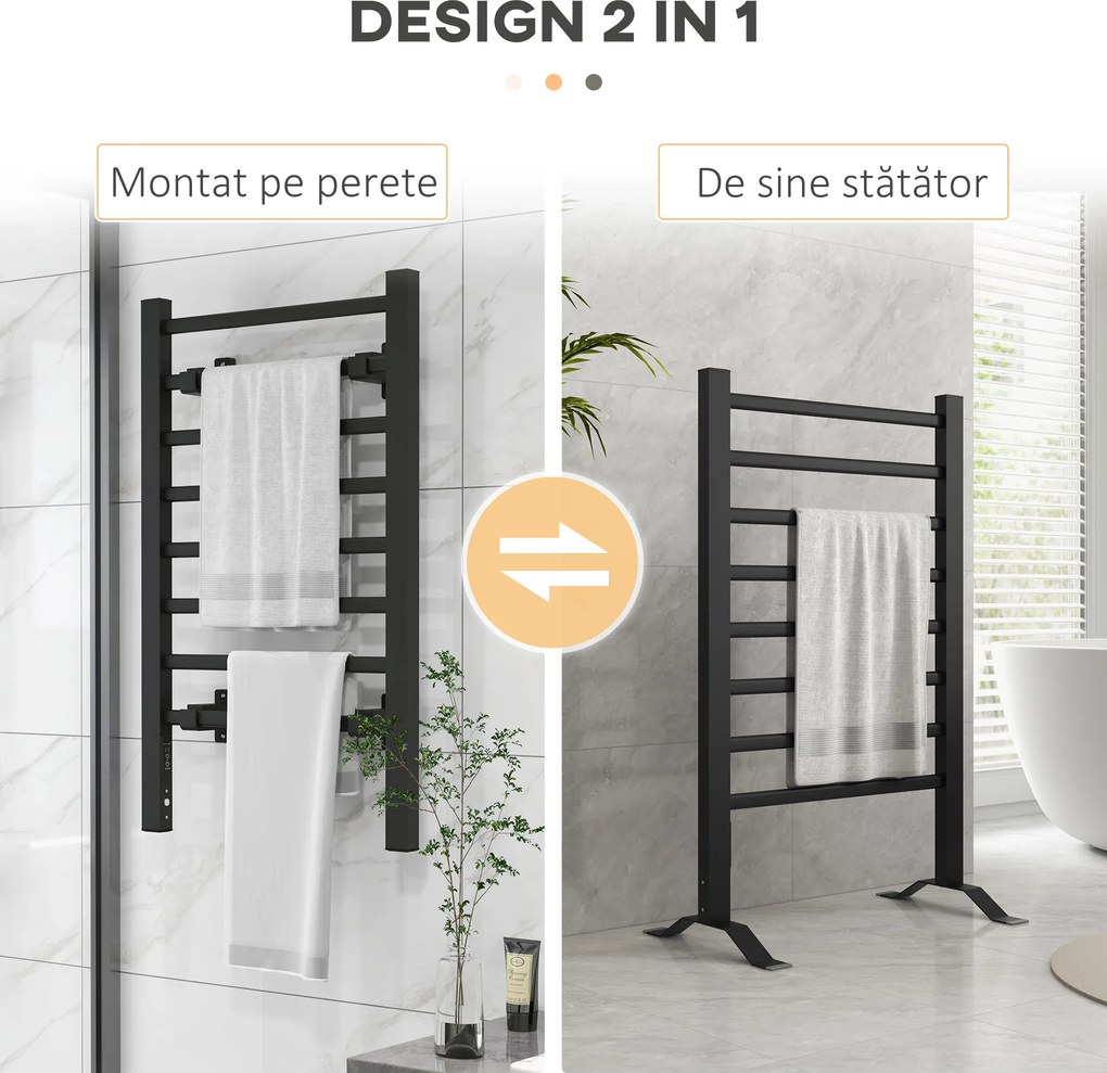 HOMCOM Uscător Electric de Prosoape, Cuier Încălzit cu 8 Bare și Temporizator de 2 sau 4 Ore, 53x35x90 cm, Negru | Aosom Romania
