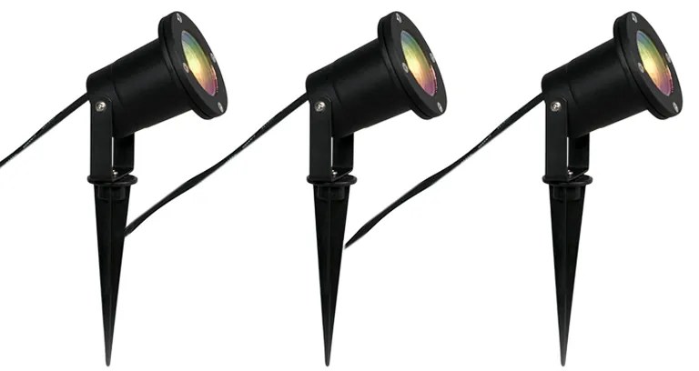Set de 3 spoturi inteligente cu țepușă pentru grădină negre, cu cablu și ștecher de 200 cm, IP65, cu Zigbee GU10 - Basic