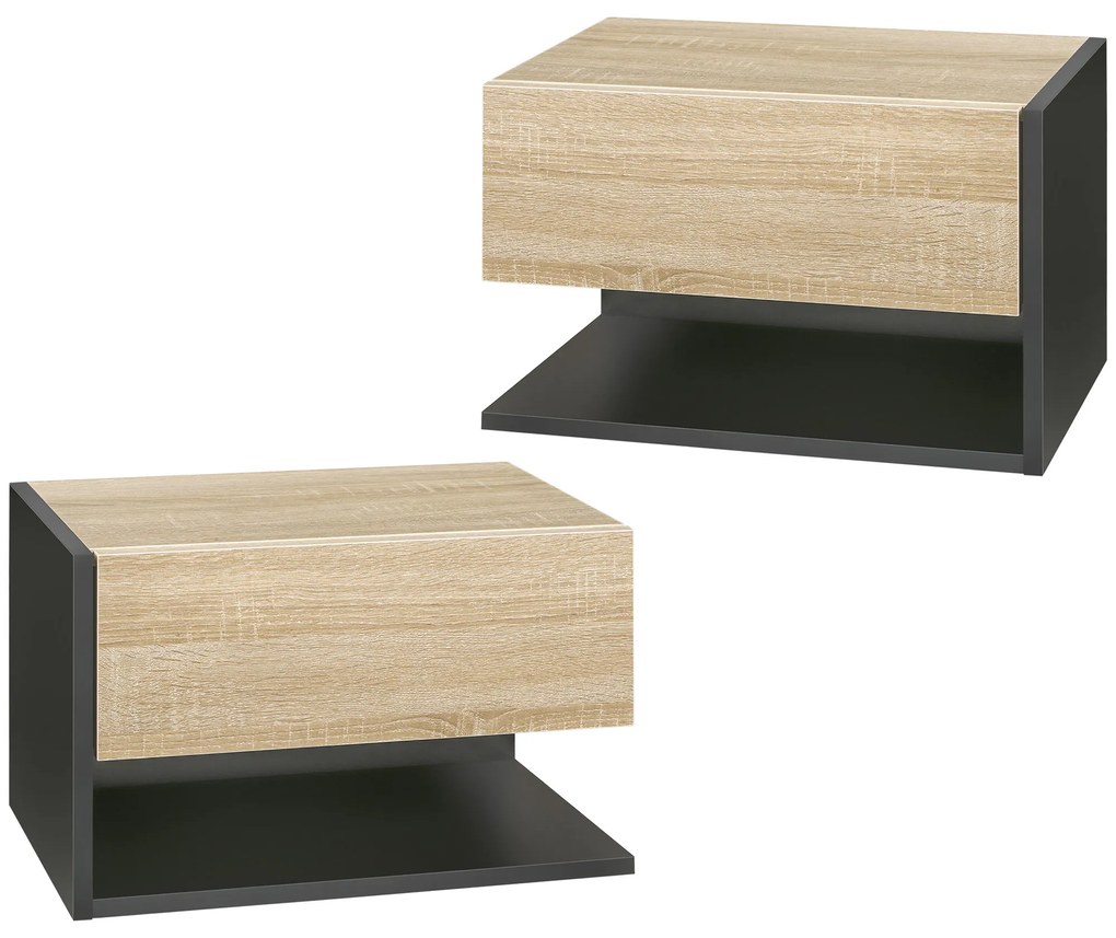 HOMCOM Set de 2 Noptiere suspendate - Set de 2 Noptiere - sertar Culisant, etajera, Bicolore Aspect stejar Negru | Aosom Romania