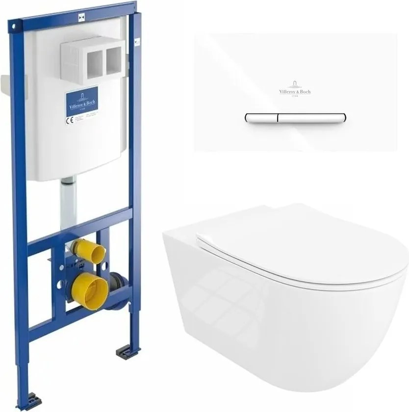 Rezervor WC cu cadru incastrat Villeroy&Boch 112 cm cu clapeta ViConnect 300S alb plus vas WC Rune Ivaldi Grande alb cu capac softclose