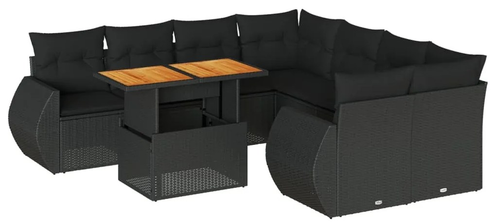 3327240 vidaXL Set mobilier de grădină cu perne, 9 piese, negru, poliratan