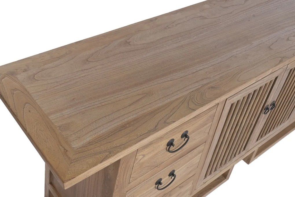 Bufet rustic în stil oriental, din lemn de ulm reciclat, natur, cu 2 uși cu grilaj, 6 sertare și siluetă trapezoidală, 79 x 180 x 42 cm, „Joyeuse”