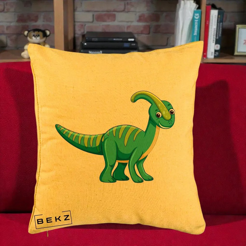Perna Decorativa Parasaur Verde, 40x40 cm, Galben, Husa Detasabila, Perna Inclusa, BEKZ®