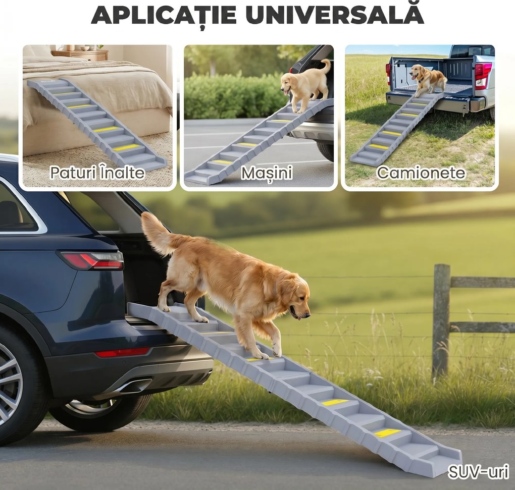 PawHut Scară Pliabilă pentru Câini, pentru Mașină și Paturi, 10 Trepte Antiderapante, Capacitate 68kg, Gri | Aosom Romania