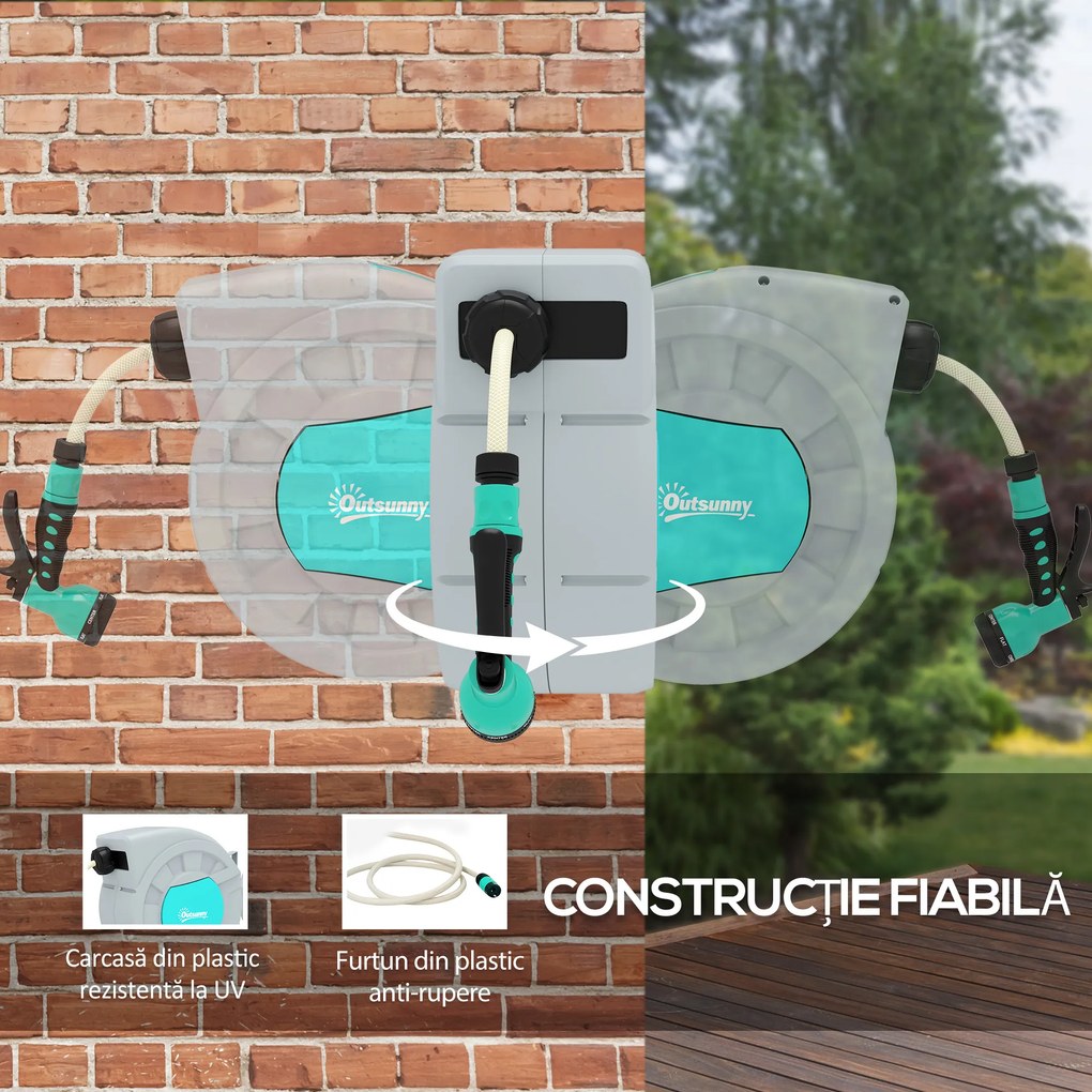 Outsunny Tabur pentru Furtun Retractabil cu Furtun de Apă 30+2 m, Rotativ la 180°, 50x23x45 cm, Verde | Aosom Romania