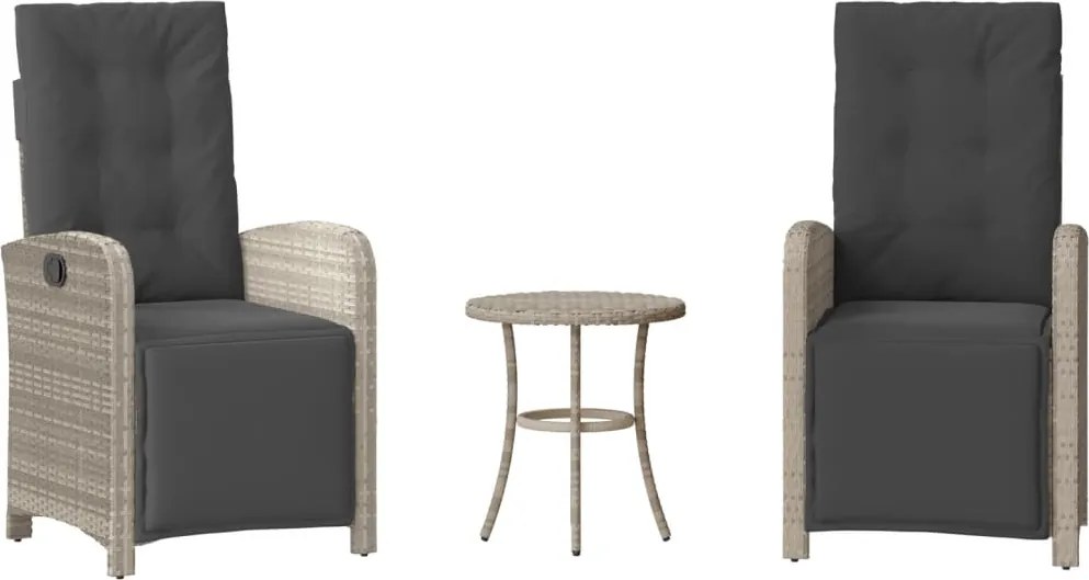 vidaXL Set bistro cu perne, 3 piese, gri deschis, poliratan