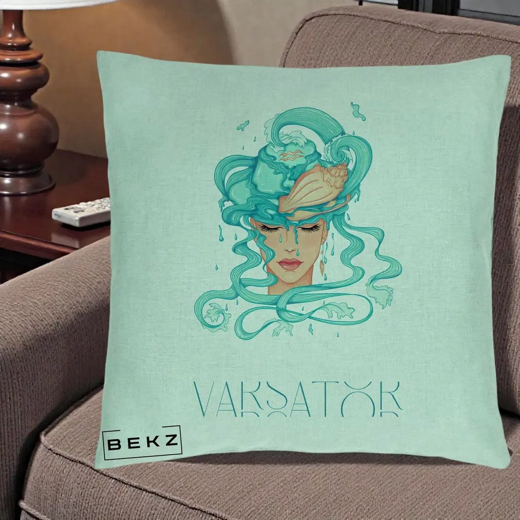 Perna Personalizata Zodiac Varsator Cowgirl, 40x40 cm, Verde Menta, Husa Detasabila, Perna Inclusa, BEKZ®