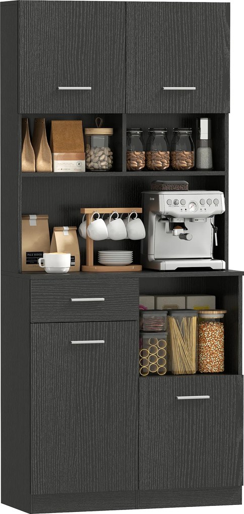 HOMCOM Dulap de bucătărie, bufet cu sertar, uși Soft-Close, 80 x 35 x 180 cm, Negru | Aosom Romania