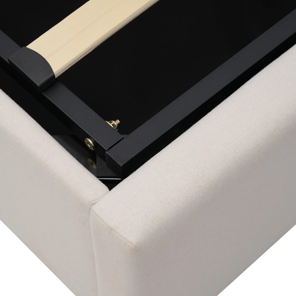 Pat dublu cu ladă de depozitare, funcție de încărcare USB Tip C, din bumbac și in, fără saltea, 160x200 cm, Bej