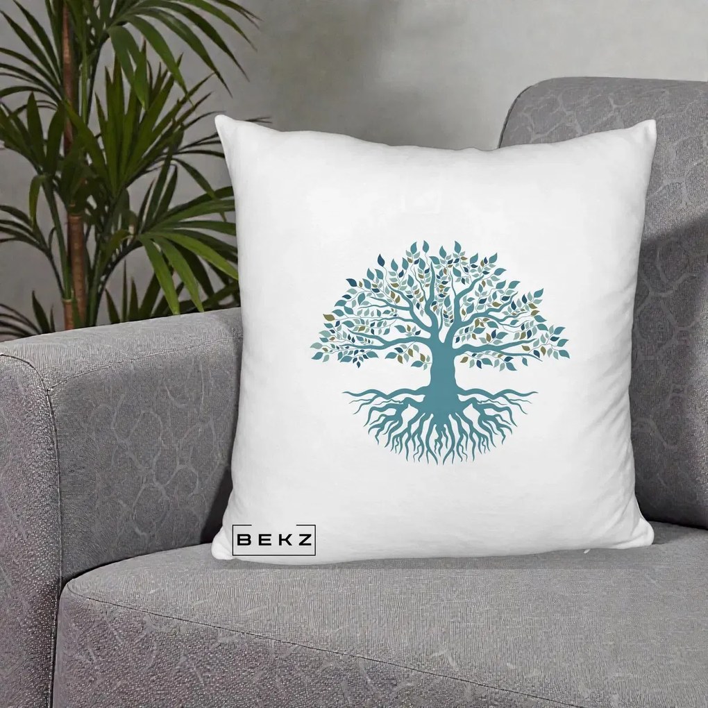 Perna Decorativa Copacul Vietii Teal cu Radacini, 40x40 cm, Alb Pufos, Husa Detasabila, Perna Inclusa, BEKZ®