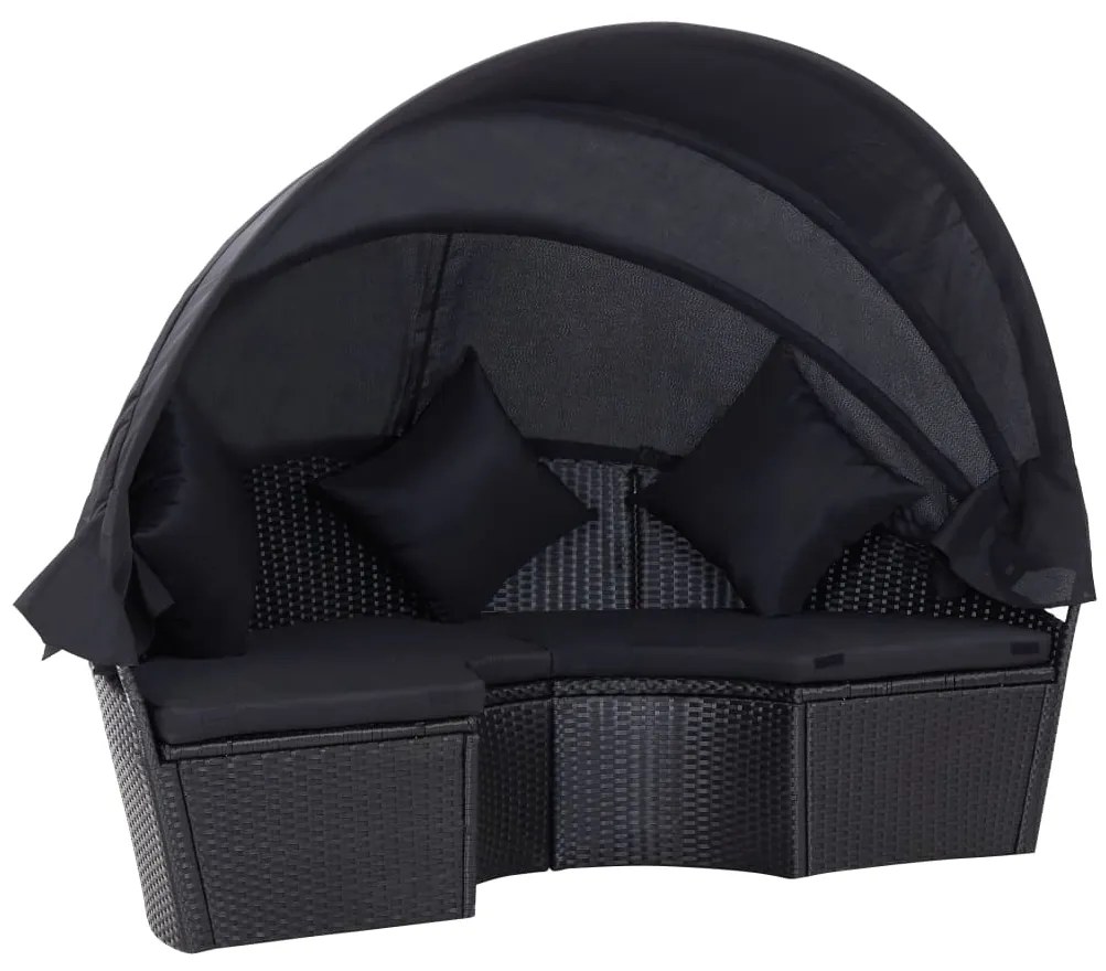 46081 vidaXL Pat șezlong de exterior cu baldachin, negru, poliratan