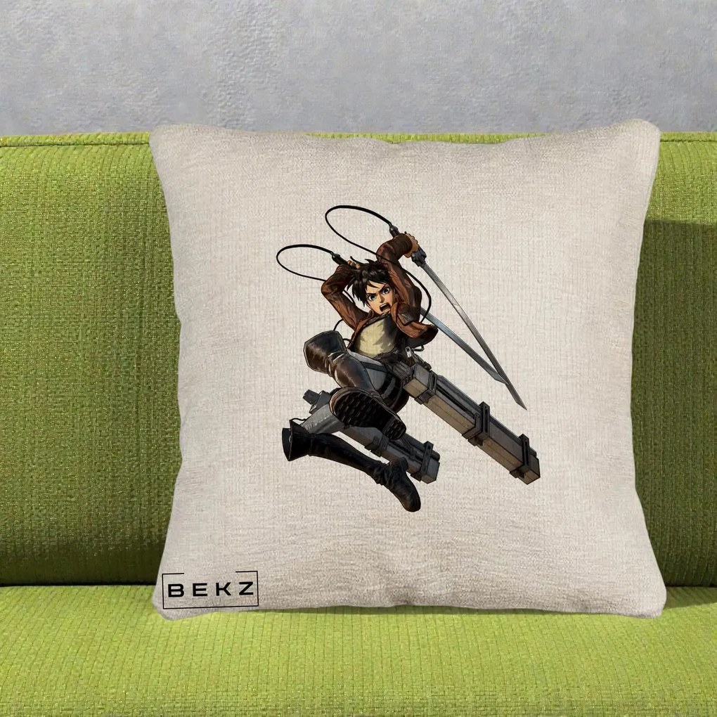 Perna Personalizata Attack on Titan Eren Yeager Lupta, 40x40 cm, Bej Canapea, Husa Detasabila, Perna Inclusa, BEKZ®