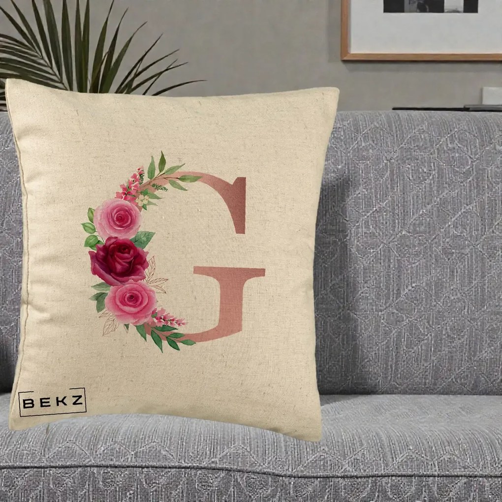 Cadou Personalizat - Perna Personalizata Monograma Rose Gold Litera G, 40x40 cm, Bej, Husa Detasabila, Perna Inclusa, BEKZ®
