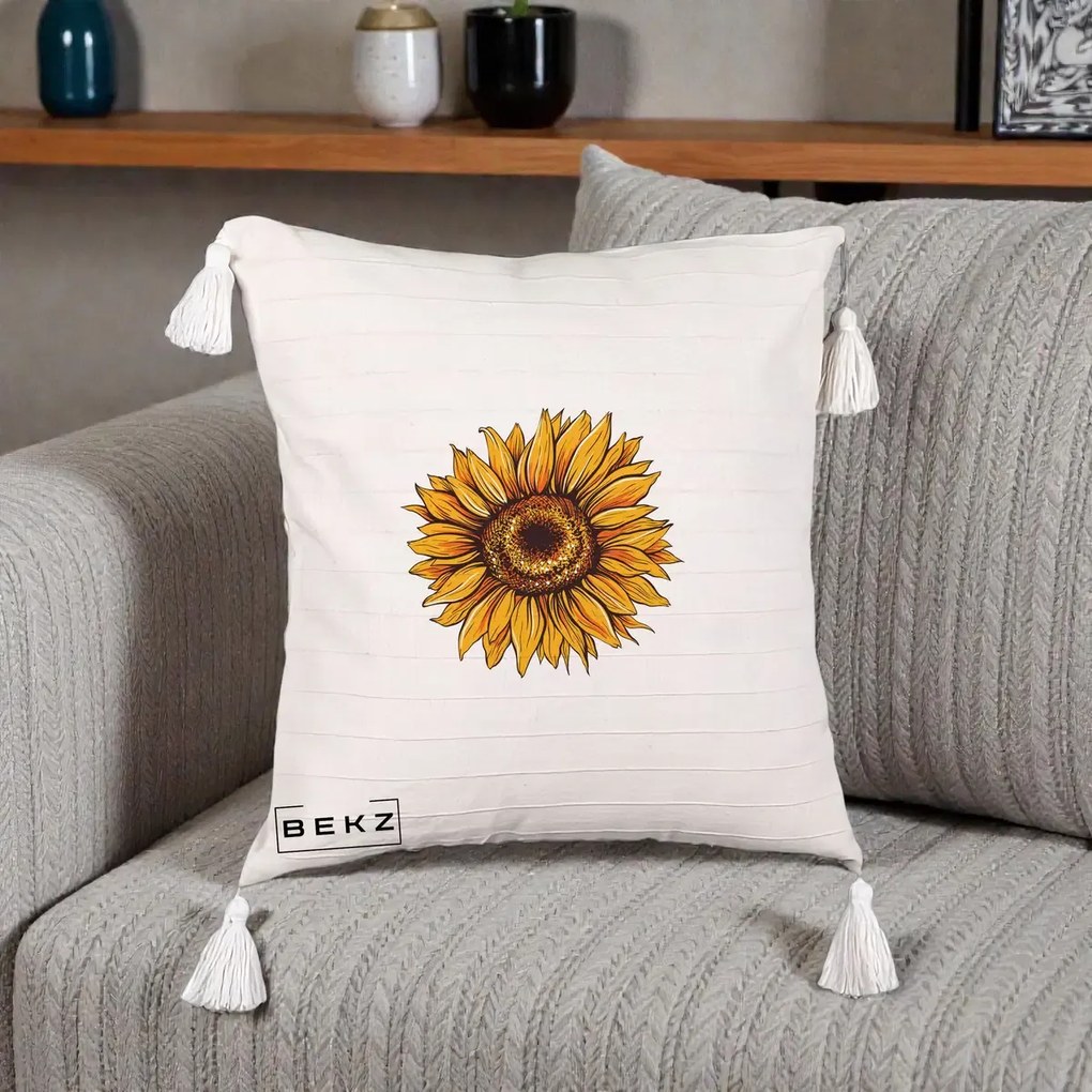 Perna Decorativa Floarea Soarelui Vibranta, 40x40 cm, Bej cu Franjuri, Husa Detasabila, Perna Inclusa, BEKZ®