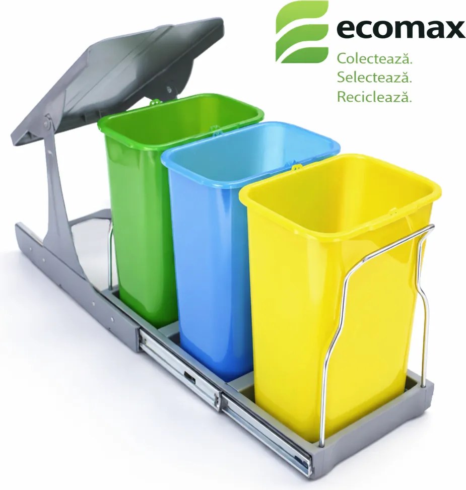 Cos gunoi incorporabil Ecomax Patty 30, colectare selectiva, 3 x 8 l Polipropilena Metal, Albastru Galben Verde, L:236 mm; H:360 mm; A:470 mm, 300