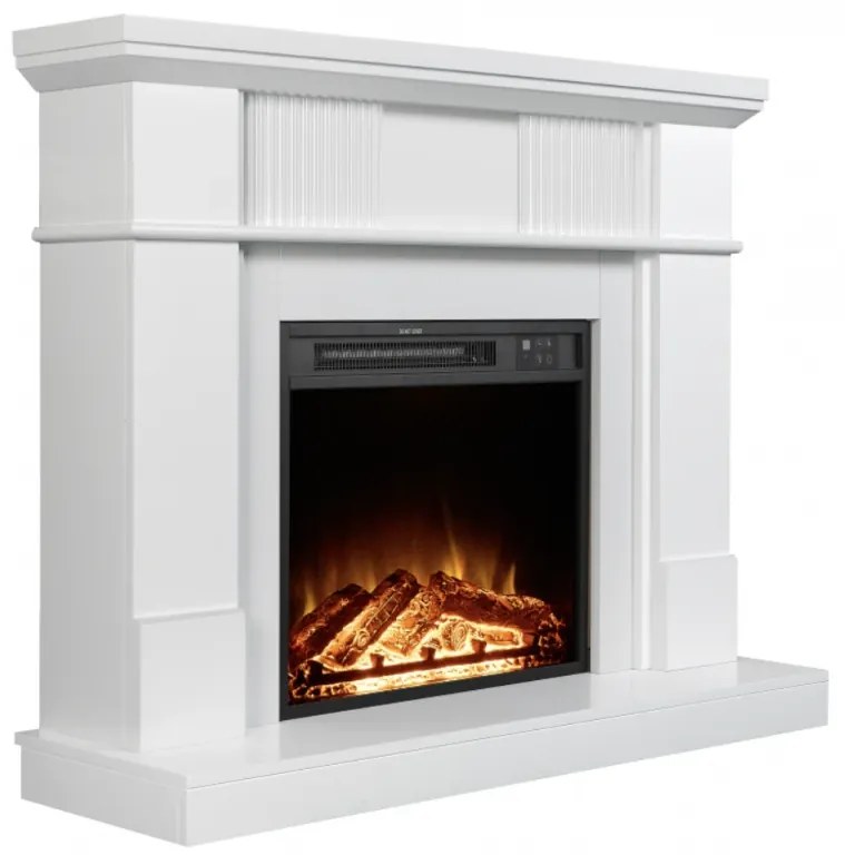 Semineu electric cu mască MDF, flacără LED, bușteni decorativi, sunet lemne, termostat, timer, telecomandă, Alb