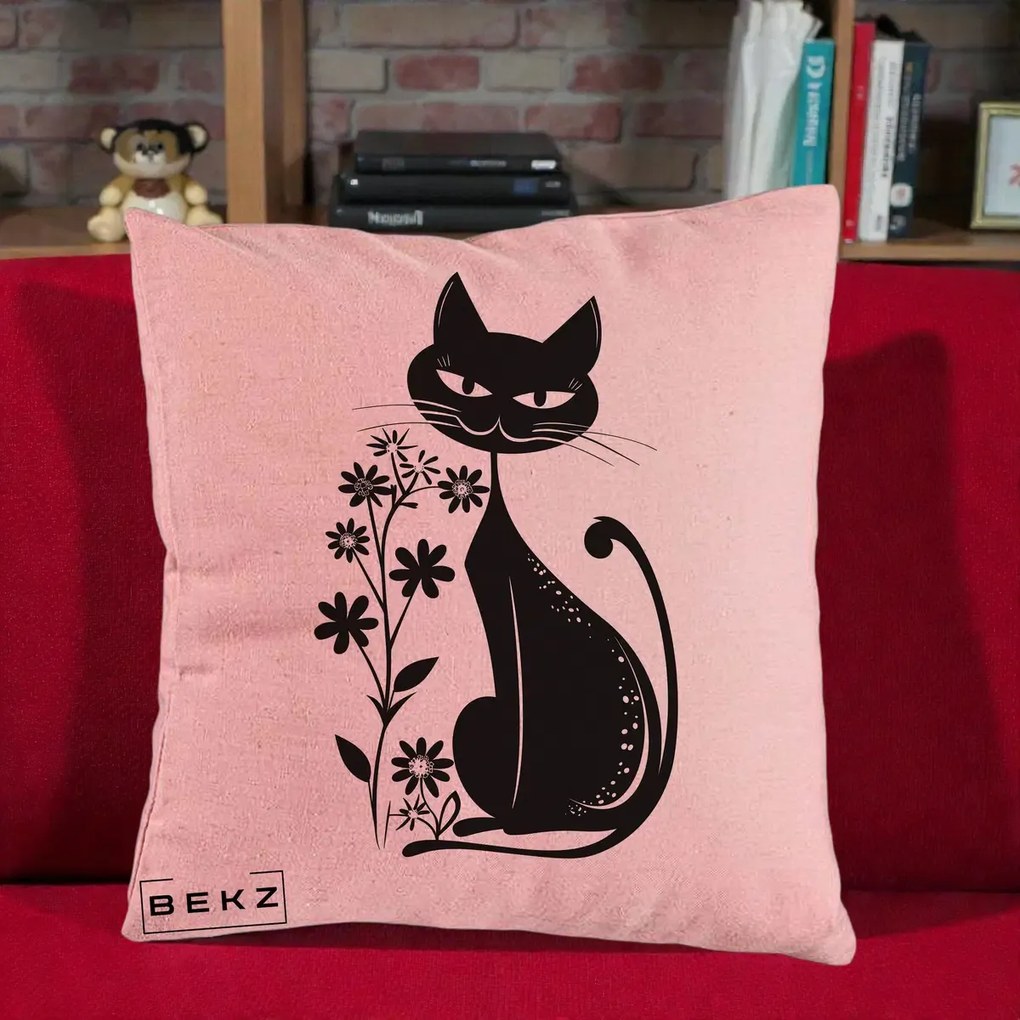 Perna decorativa Pisica Neagra Grafica Minimalista, 40x40 cm cu Umplutura, Roz, BEKZ