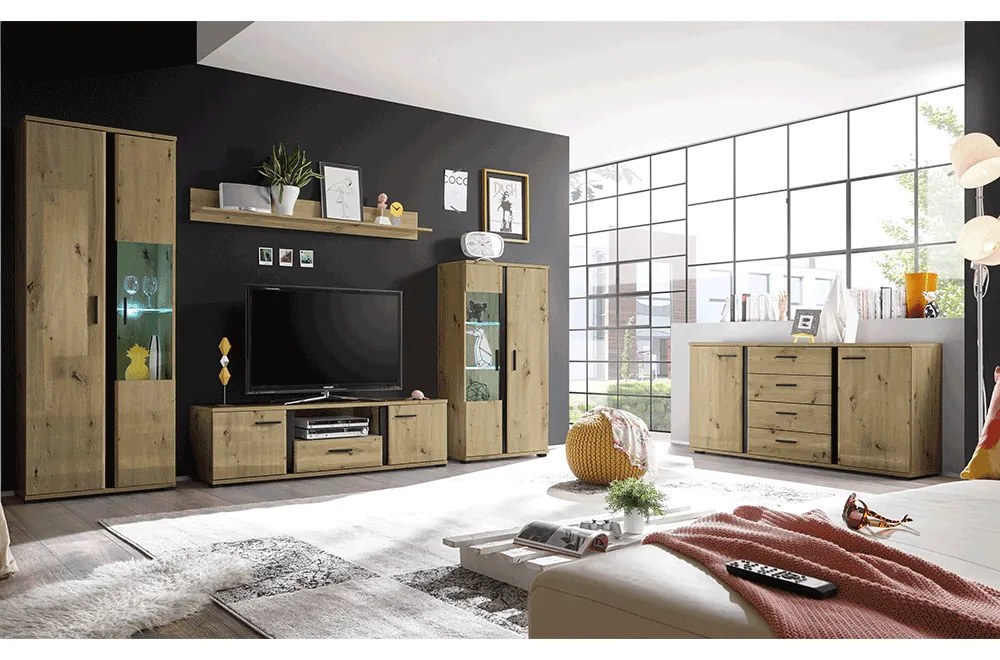 Perete living, stejar artizan / negru, KANODE