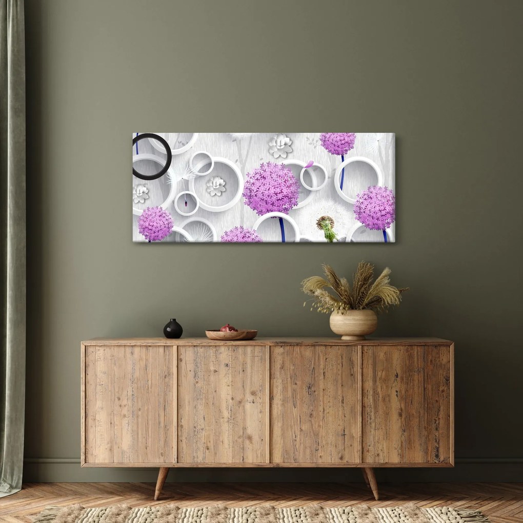 Tablou cu abstracție 3D cu cercuri și flori (120x50 cm)