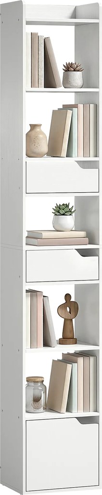 HOMCOM Bibliotecă pentru cărți cu 2 sertare și ușă Etajeră îngustă cu 6 rafturi deschise 32x24x181,5 cm Alb | Aosom Romania