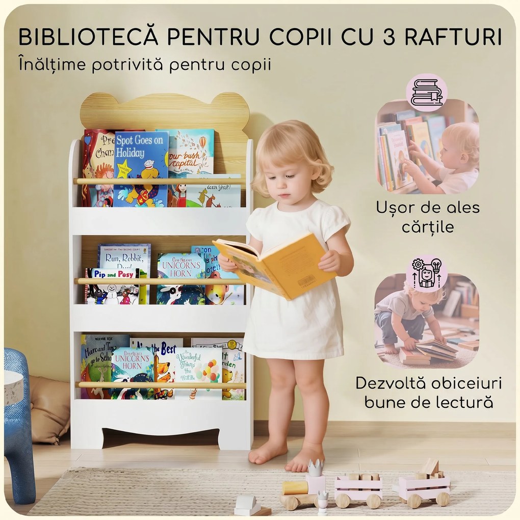 AIYAPLAY Bibliotecă pentru Copii cu 3 Rafturi în Formă de Ursuleț, cu Bariere Frontale, 55x15x110 cm, Culoare Lemn | Aosom Romania